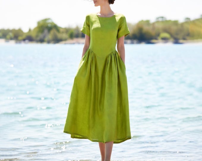 Anysize Custom 100% Linen Dress for Women V Waist Summer Dress Fit and Flare Dress with Pockets Short Sleeve Plus Size Dress F99VL