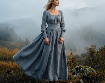 Anysize Custom Soft Linen Lyocell Maxi Dress Long Sleeve Square Neck Dress Fitted Waist A Line Dress with Pockets Plus Size Clothing F25HE