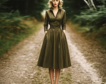 Anysize Custom Collared Linen Cotton Long Sleeves Tailored Dress With Side Pockets Spring Fall Plus Size Dress Plus Size Clothing F38SN
