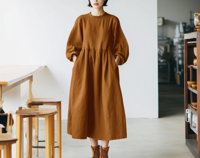 Anysize linen cotton maxi dress puff sleevels with side pockets spring fall retro plus size dress plus size clothing F95YN