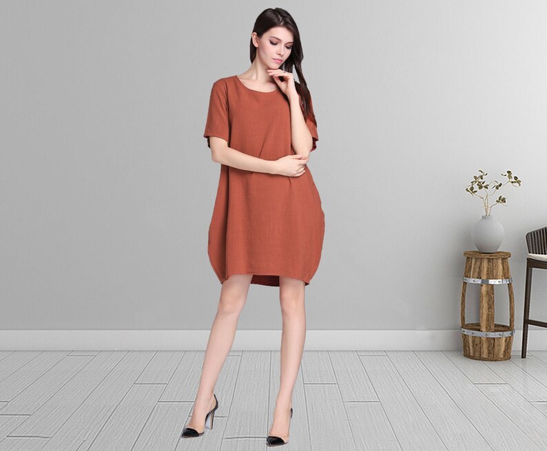 Anysize soft linen cotton loose dress lantern dress with side pockets plus size dress plus size clothing summer clothing summer dress Y58 