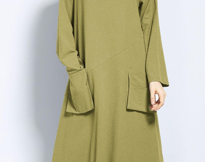 Anysize with utility pockets soft linen cotton loose dress spring fall maxi dress plus size dress plus size clothing F132Q