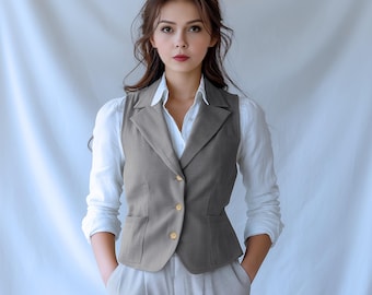 Anysize custom linen cotton vest with buttons plus size tops with patch pockets spring fall retro plus size tops plus size clothing F722N