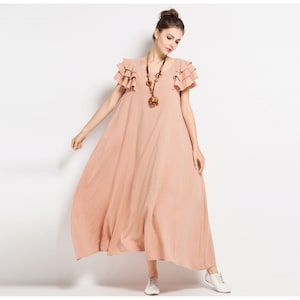 Anysize petals shoulders soft linen cotton loose dress with side pockets spring summer dress  plus size dress plus size clothing F125Q