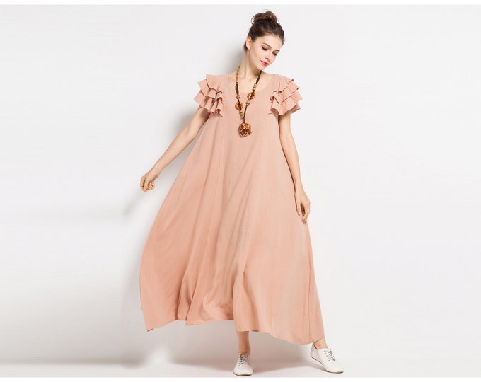 Anysize petals shoulders soft linen cotton loose dress with side pockets spring summer dress  plus size dress plus size clothing F125Q