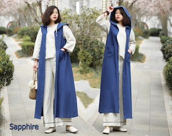Anysize custom sleeveless hooded coat with pockets linen cotton plus size vest spring summer fall winter duster plus size clothing T294N