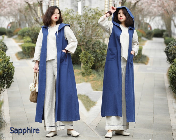 Anysize custom sleeveless hooded coat with pockets linen cotton plus size vest spring summer fall winter duster plus size clothing T294N