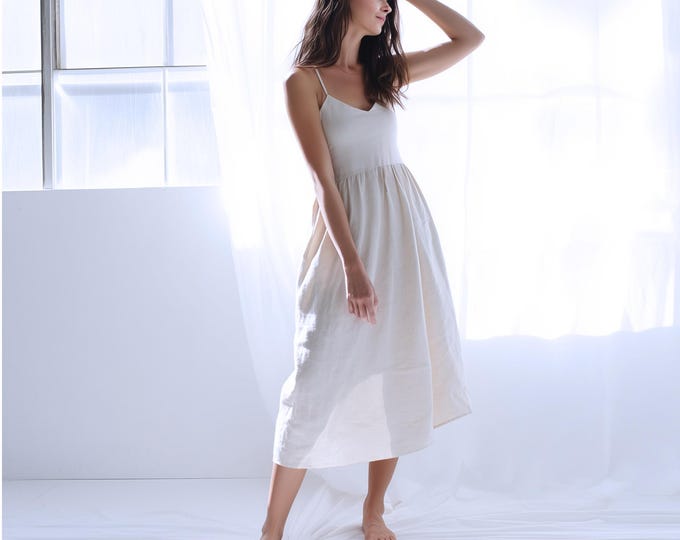 Anysize custom v neck 100% linen sleeveless pleated maxi dress with side pockets spring summer plus size dress plus size clothing F57DL