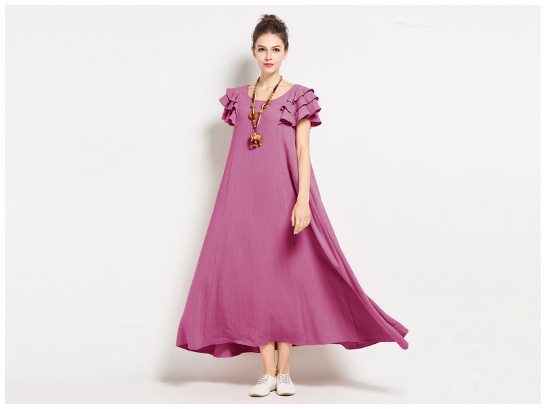 Anysize petal sleeves soft linen cotton loose dress with side pockets spring summer maxi dress plus size clothing F125A 