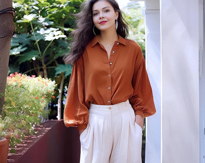 Anysize custom soft linen cotton loose shirt tops puff sleeves retro spring fall casual blouse plus size tops plus size clothing F547E