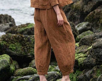 Anysize custom linen cotton plus size elastic waist loose pants with side pockets spring fall winter trousers plus size clothing F77TN