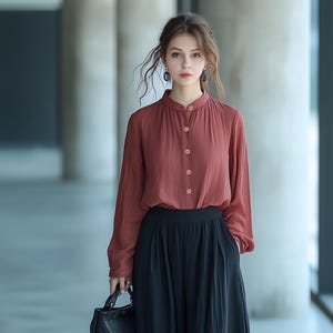 Anysize custom soft linen cotton collared blouse plus size shirt retro spring fall casual blouse plus size tops plus size clothing F719E