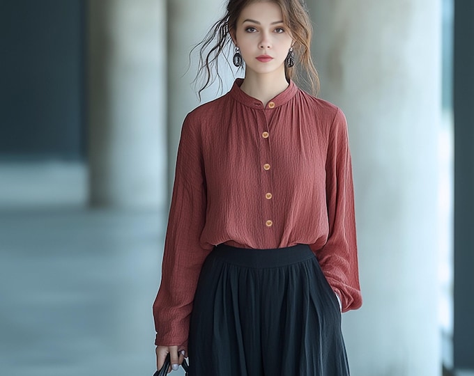 Anysize custom soft linen cotton collared blouse plus size shirt retro spring fall casual blouse plus size tops plus size clothing F719E