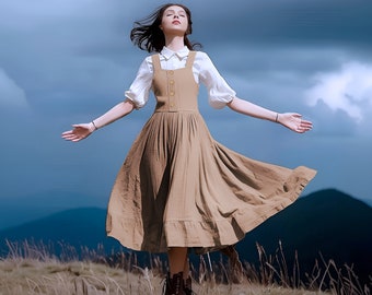 Anysize custom sleeveless linen cotton overall midi dress back tie side pockets spring fall plus size dress plus size clothing F511E