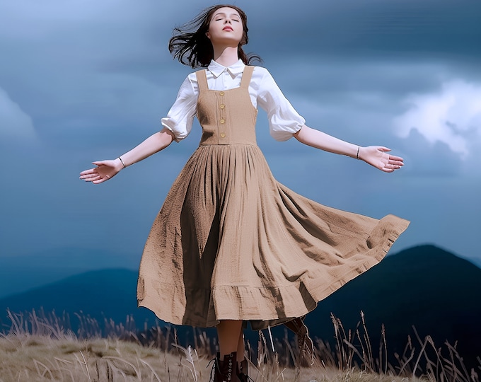 Anysize custom sleeveless linen cotton overall midi dress back tie side pockets spring fall plus size dress plus size clothing F511E