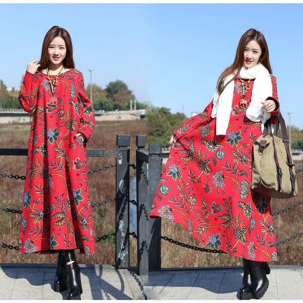 Anysize SALE avec polaire épaisse automne hiver robe chaude 2.5lbs lin coton robe grande taille vêtements grande taille robe ample F115A A
