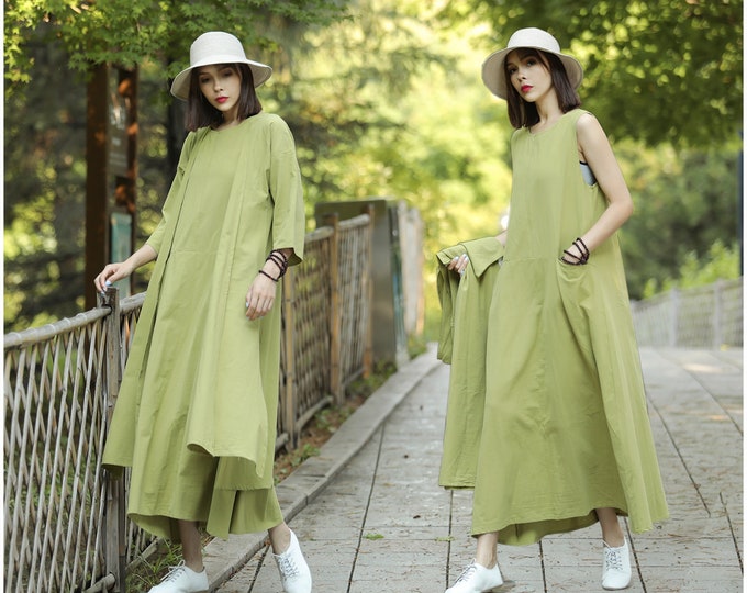 Anysize 3/4 sleeves linen cotton outfit improved retro suit spring summer fall plus size linen maxi dress plus size clothing T255A