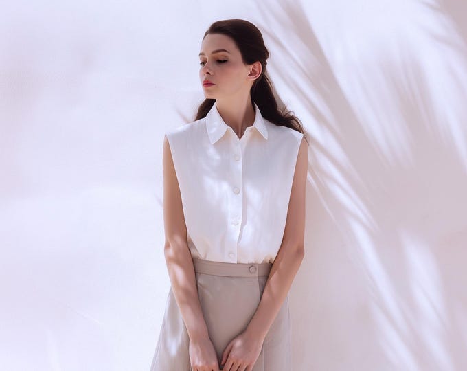 Anysize custom 100% linen sleeveless collared shirt loose tops summer linen shirt plus size tops plus size clothing F12DL
