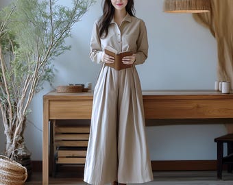 Anysize Custom Linen Cotton Wide Leg Pants: Elastic Waist Trousers F667N