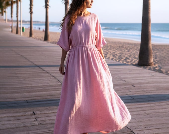 Anysize Custom 100% Linen Maxi Dress Batwing Sleeve Summer Dress Elastic Waist Boho Beach Dress Plus Size Dress Plus Size Clothing F45UL