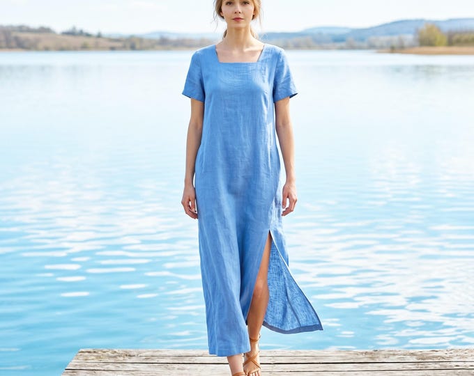Anysize Custom 100% Linen Square Neck Dress Short Sleeves Side Slit Dress Minimal Loose Fit Summer Loose Dress with Pockets F71WL