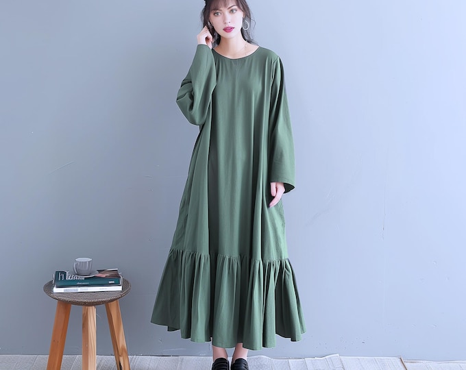 Anysize custom long sleeves linen cotton dress with pockets hem pleated spring fall retro plus size dress plus size clothing F578N