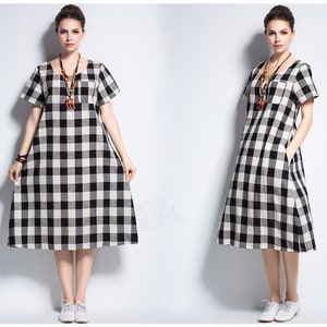 Anysize spring summer dress classic plaids soft linen cotton dress plus size dress plus size tops plus size clothing Y102