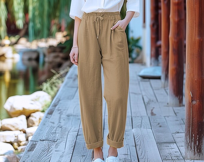 Anysize custom linen cotton straight plus size pants with side pockets elastic waist spring fall winter trousers plus size clothing F591N