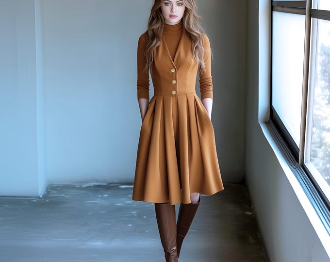Anysize custom vest dress with functional buttons linen cotton midi dress with pockets spring fall retro plus size clothing F803N