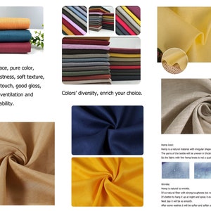 Op de afbeelding: Een close-up van een verscheidenheid aan hempstofstalen in verschillende kleuren, waaronder geel, blauw, bruin en groen. De stof is zacht en heeft een glad oppervlak. De tekst "Colors' diversity, enrich your choice." is zichtbaar in de afbeelding.