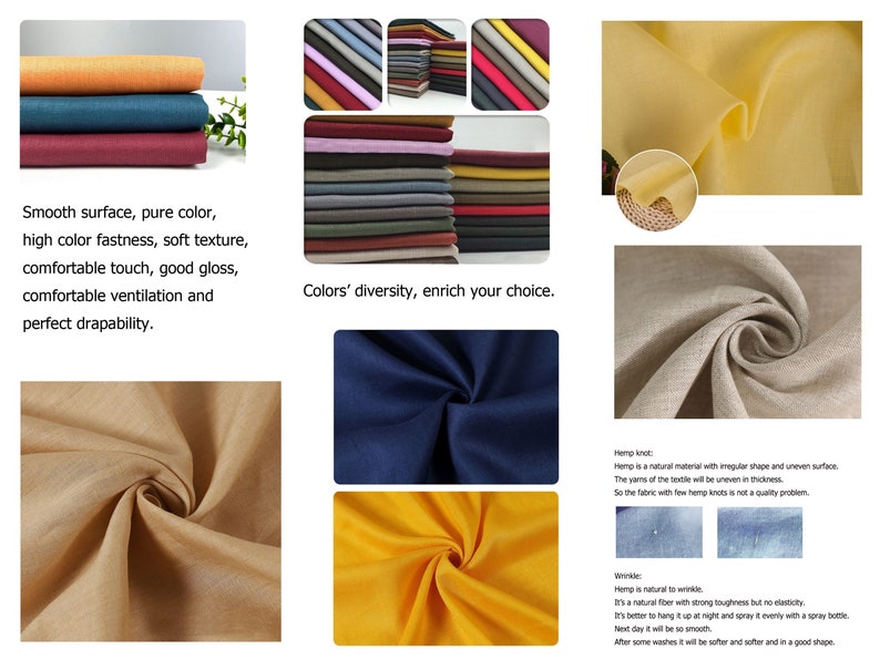Op de afbeelding: Een close-up van een verscheidenheid aan hempstofstalen in verschillende kleuren, waaronder geel, blauw, bruin en groen. De stof is zacht en heeft een glad oppervlak. De tekst "Colors' diversity, enrich your choice." is zichtbaar in de afbeelding.