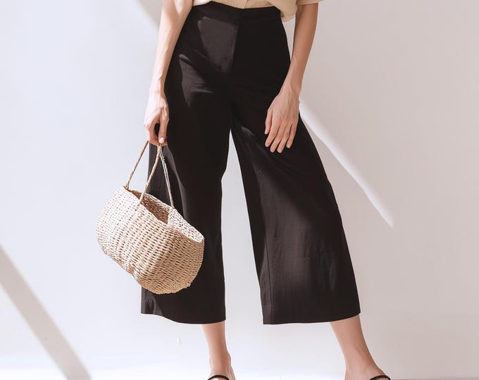 Anysize custom 100% linen cropped pants back elastic with side pockets loose spring summer plus size pants plus size clothing F55DL