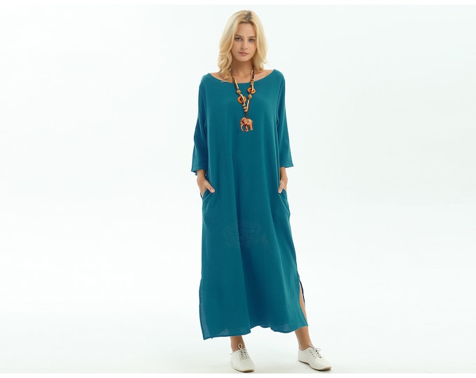 Anysize sides slit with pockets soft linen cotton loose dress spring summer dress plus size dress plus size clothing F142Q
