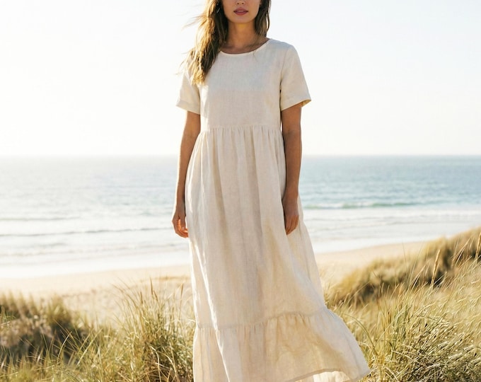 Anysize Custom 100% Linen Dress With Lotus Leaf Hem Short Sleeves Summer Dress With Side Pockets Plus Size Dress Plus Size Clothing F6UL