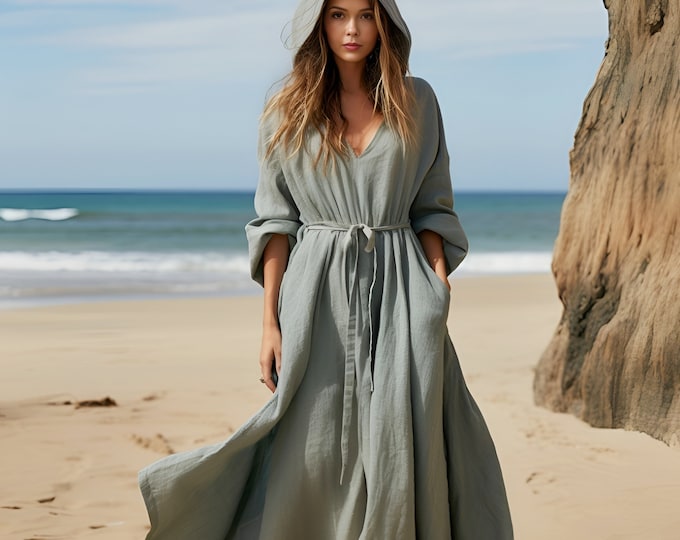 Anysize custom 100% linen maxi dress hooded spring summer V-neck loose dress with side pockets plus size dress plus size clothing F363L