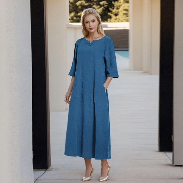 Anysize SALE V neck with side pockets soft linen cotton loose dress spring summer dress  maxi dress plus size dress plus size clothing F152A