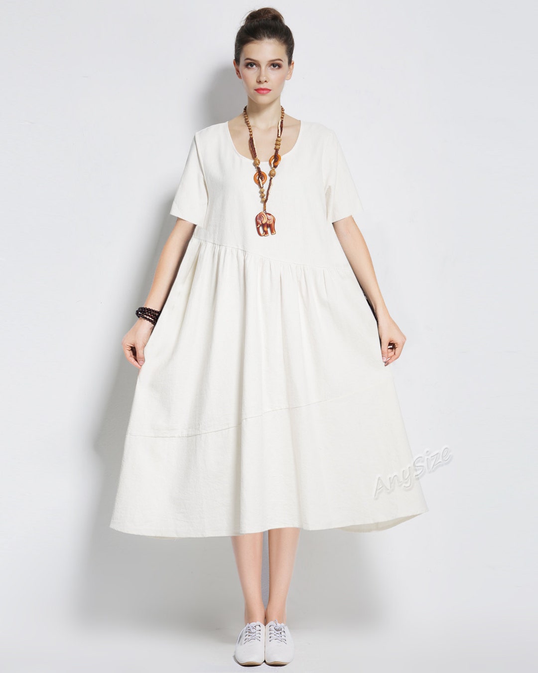 Anysize Short Sleeves Soft A-line Linen Cotton Dress Plus Size - Etsy