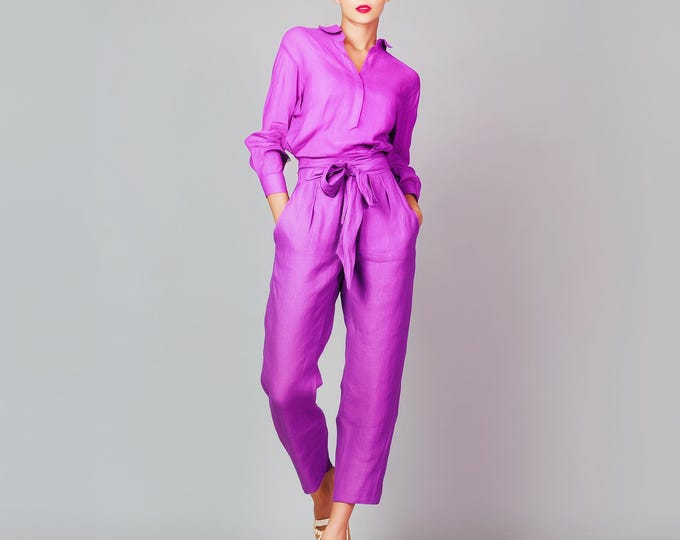 Anysize custom 100% linen pants elastic waist pants with side pockets loose spring summer plus size pants plus size clothing F99DL
