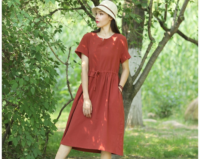 Anysize summer short sleeves tunic dress with side pockets v neck collar ropes design plus size clothing soft linen cotton dress T97Q