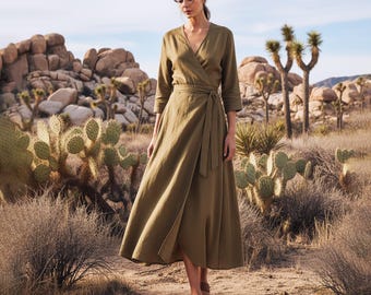 Anysize Custom Wrapped Dress Linen Cotton Plus Size Dress 3/4 Sleeves With Pockets Spring Fall Retro Plus Size Clothing F53SN