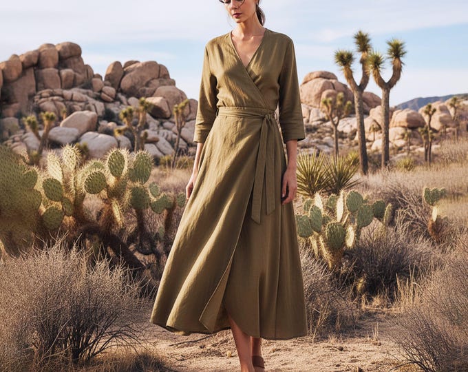 Anysize Custom Wrapped Dress Linen Cotton Plus Size Dress 3/4 Sleeves With Pockets Spring Fall Retro Plus Size Clothing F53SN
