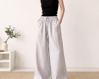 Anysize custom 100% linen wide leg pants floor length with pockets high elastic waist spring summer plus size pants plus size clothing F471L