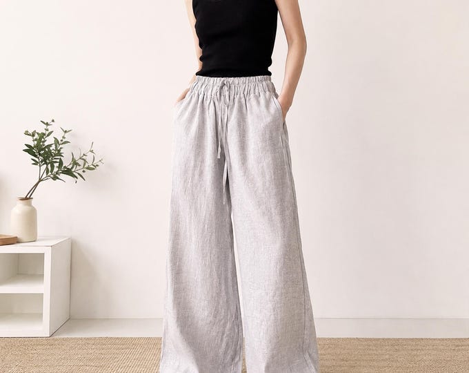 Anysize custom 100% linen wide leg pants floor length with pockets high elastic waist spring summer plus size pants plus size clothing F471L