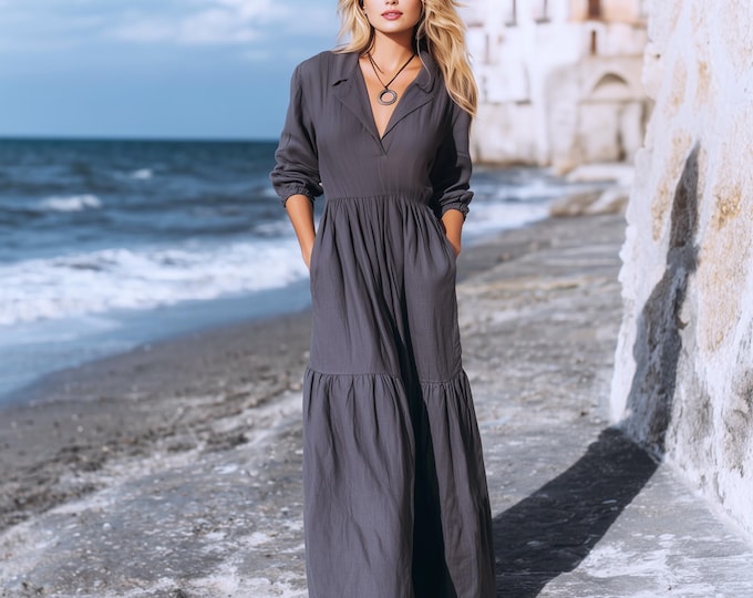 Anysize Custom Soft Linen Cotton Long sleeves Plus Size Maxi Dress With Side Pockets V Neck Plus Size Clothing F7SE