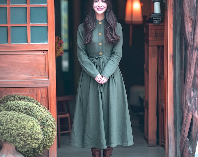 Anysize custom belted long sleeves linen cotton dress with functional buttons side pockets spring fall retro plus size clothing F931N