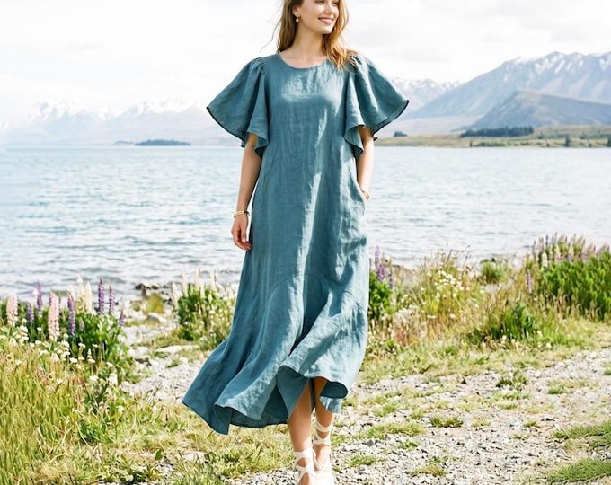 Anysize Custom 100% Linen Dress Loose A-line Dress Flutter Sleeve Dress Flared Hem Casual Summer Dress with Pockets Plus Size Dress F69WL