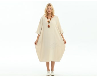 Anysize with side pockets back slit soft linen cotton lantern loose dress spring summer fall plus size dress plus size clothing  F154A