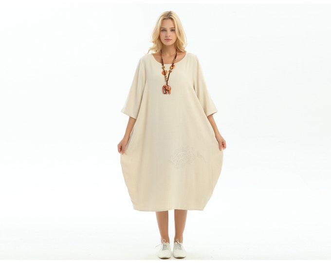 Anysize with side pockets back slit soft linen cotton lantern loose dress spring summer fall plus size dress plus size clothing  F154A