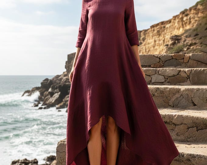 Anysize Custom 100% Linen Hi Low Dress 3/4 Sleeve Asymmetrical Maxi Dress Minimalist A-Line Long Dress Elegant Plus Size Dress F39UL
