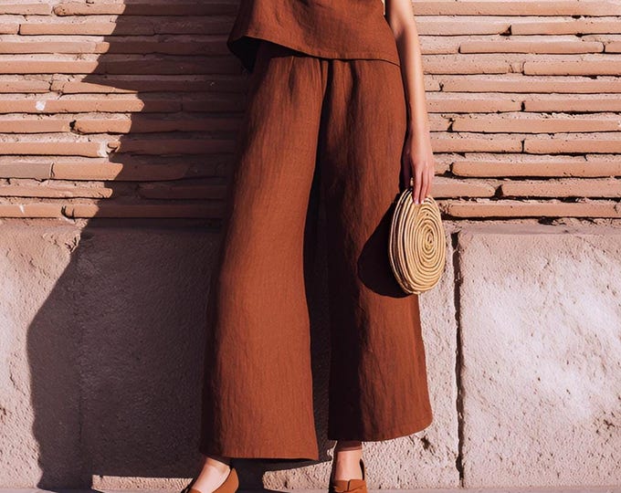 Anysize custom 100% linen elastic waist trousers with pockets casual loose spring summer plus size pants plus size clothing F8YL